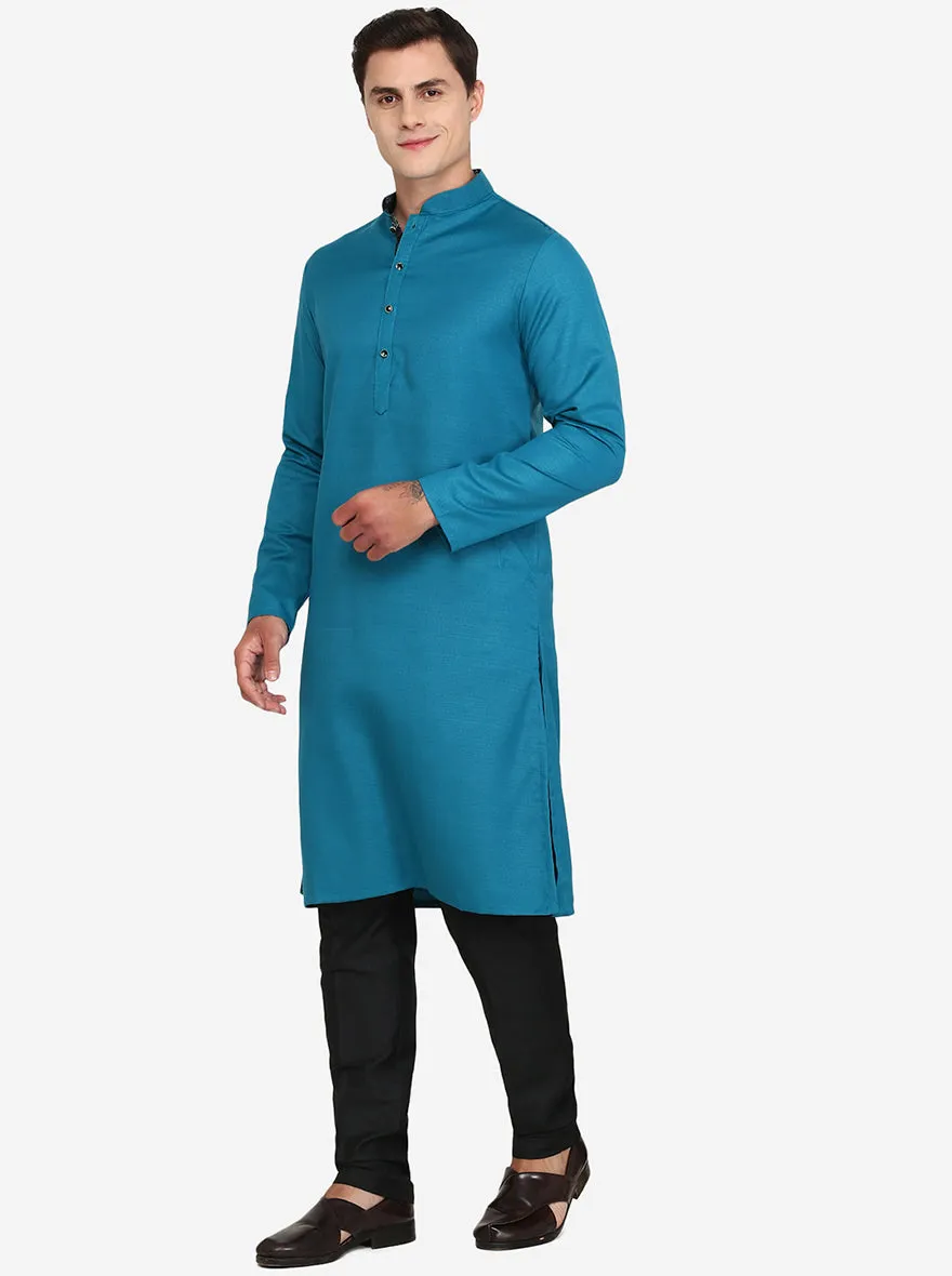 Peacock Blue Solid Silk Blend Kurta for Men