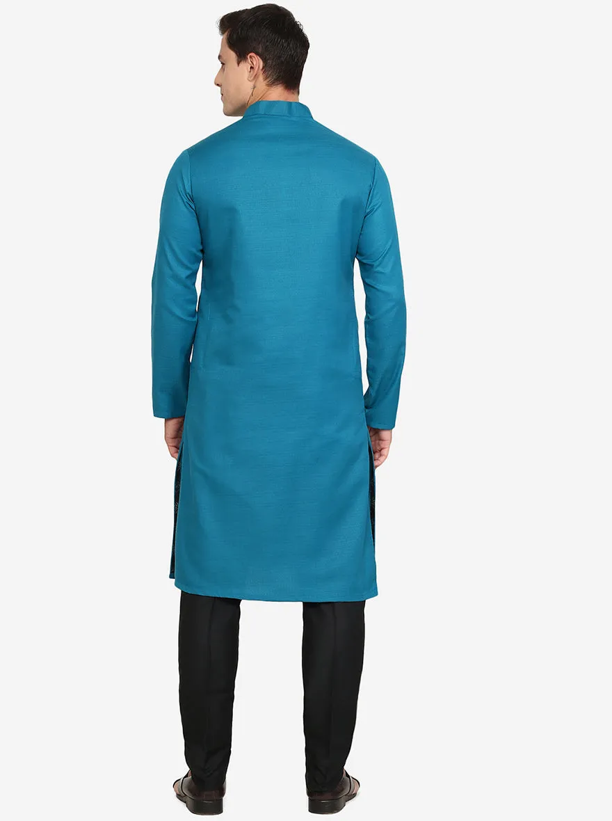 Peacock Blue Solid Silk Blend Kurta for Men