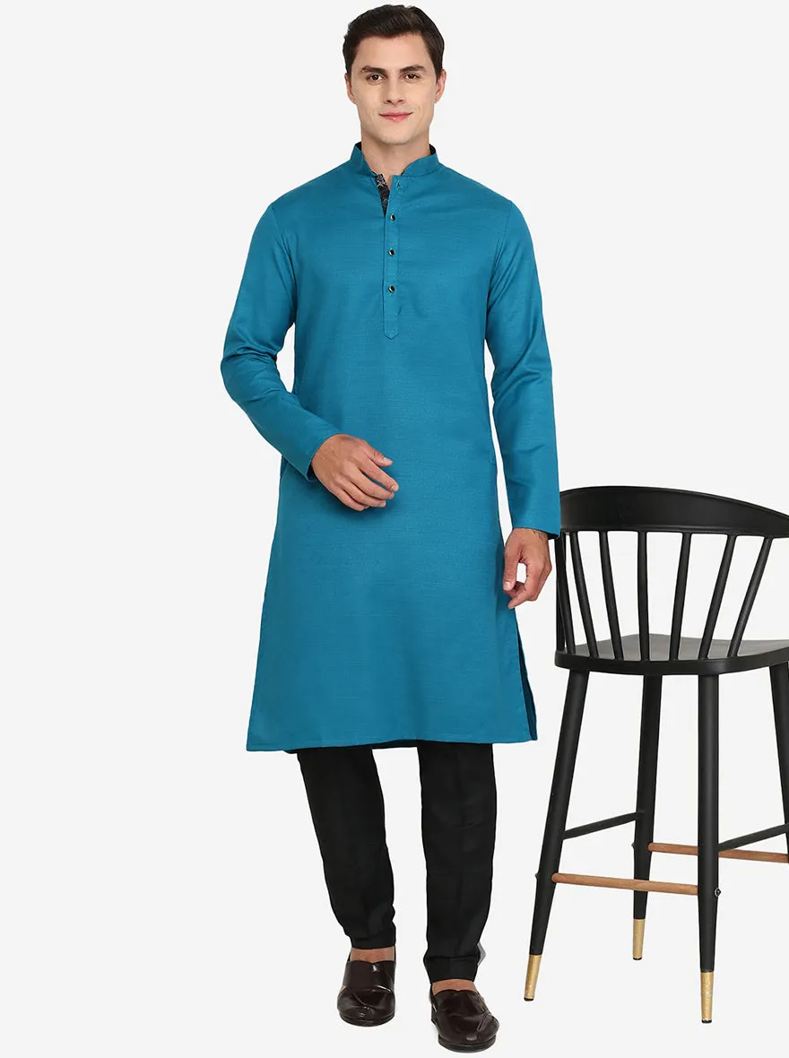 Peacock Blue Solid Silk Blend Kurta for Men