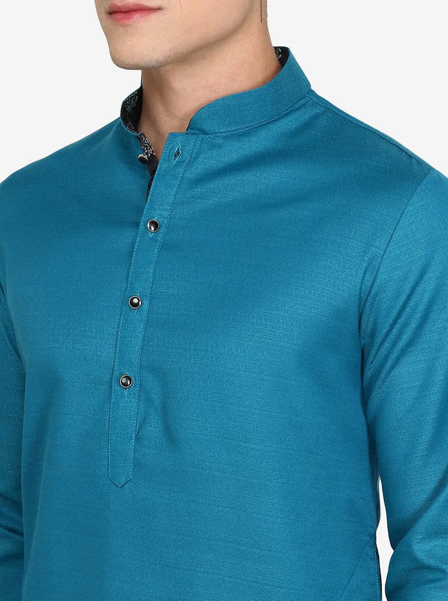 Peacock Blue Solid Silk Blend Kurta for Men