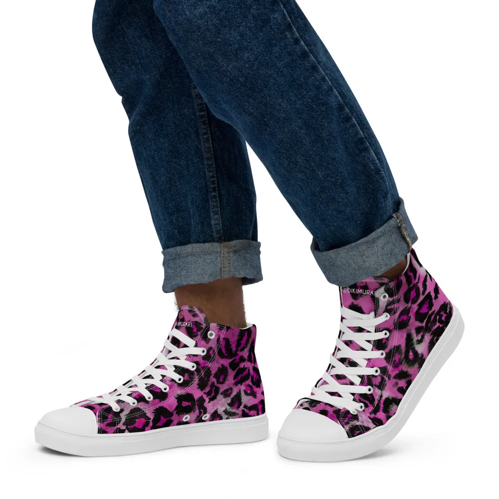 Pink Leopard Men's Sneakers, Animal Print High Top Canvas Stylish Fashion Tennis Shoes For Men