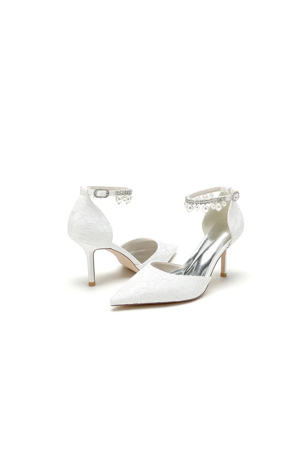 Pointed Toe Bridal Heels Pearl Strap