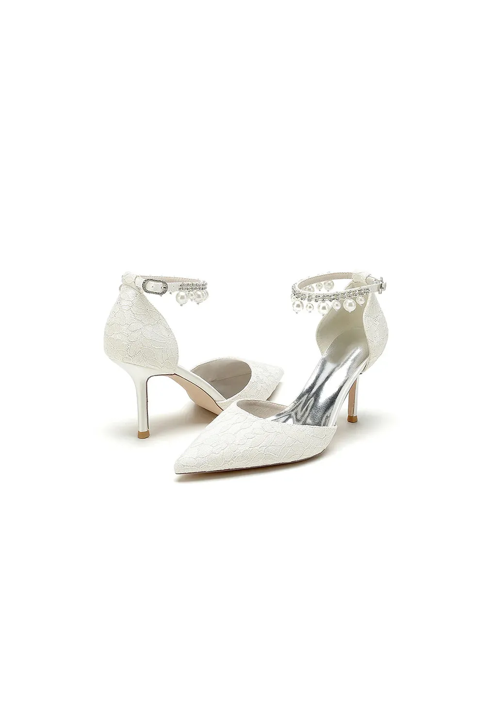 Pointed Toe Bridal Heels Pearl Strap