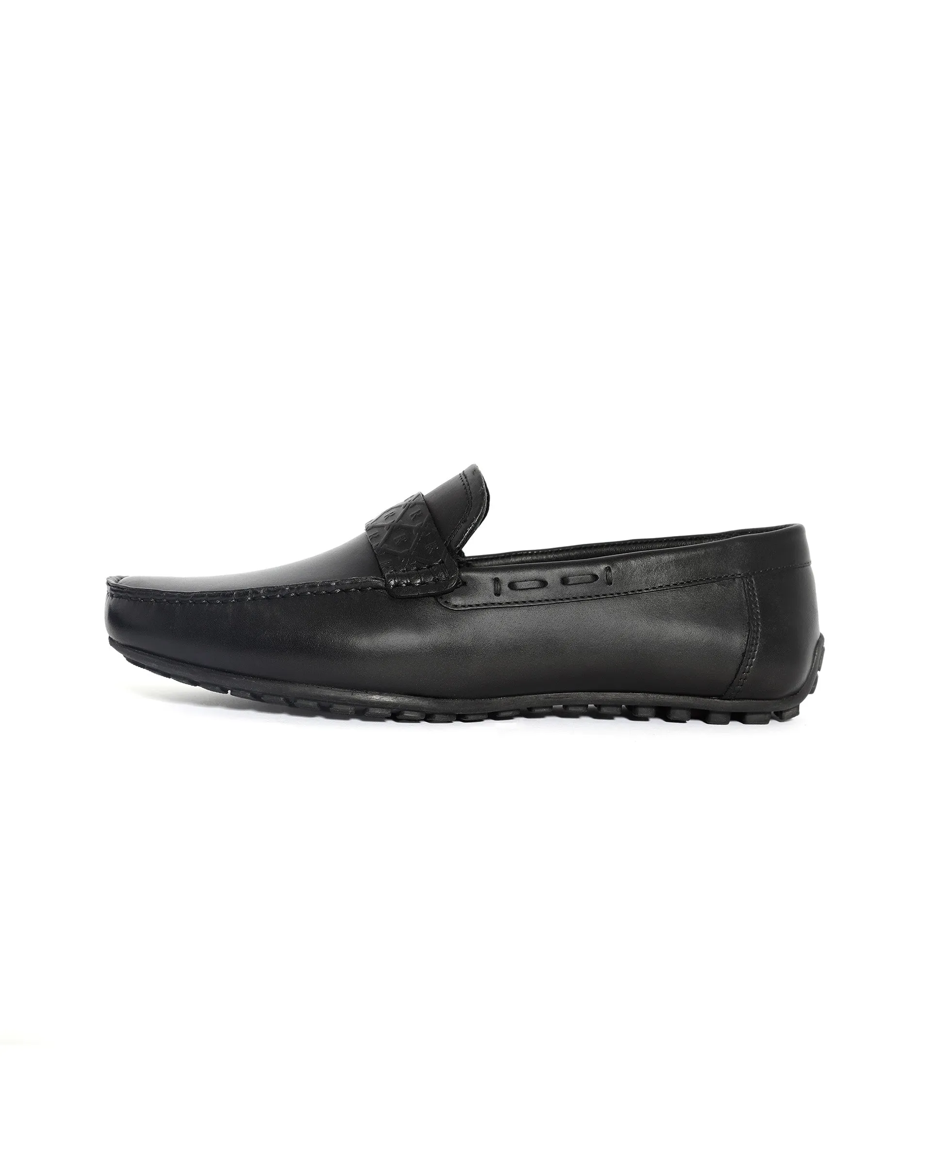 Rare Rabbit Men's Bold Black Slip-On Monotone Genuine Leather Driver Moccasin