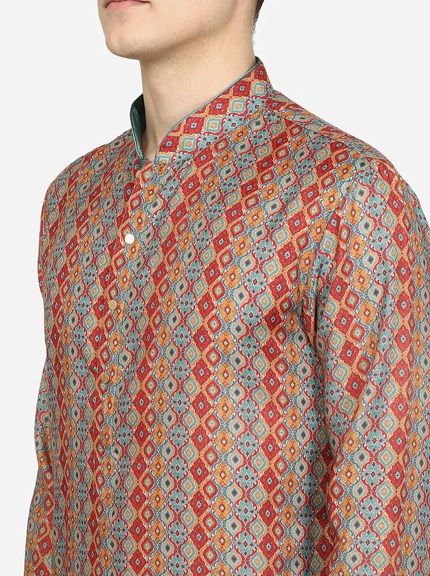 Red Printed Cotton Blend Kurta for Men