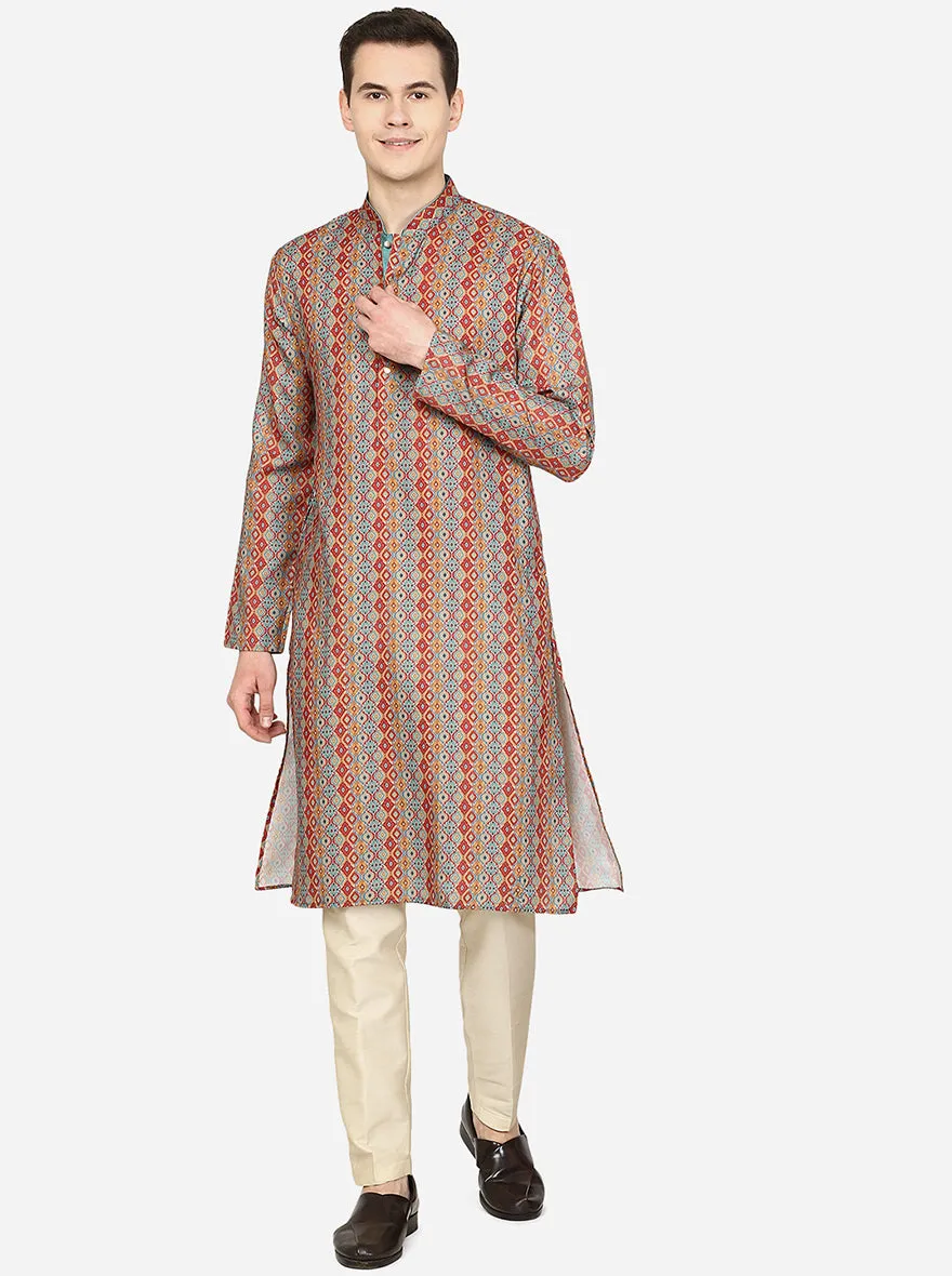 Red Printed Cotton Blend Kurta for Men