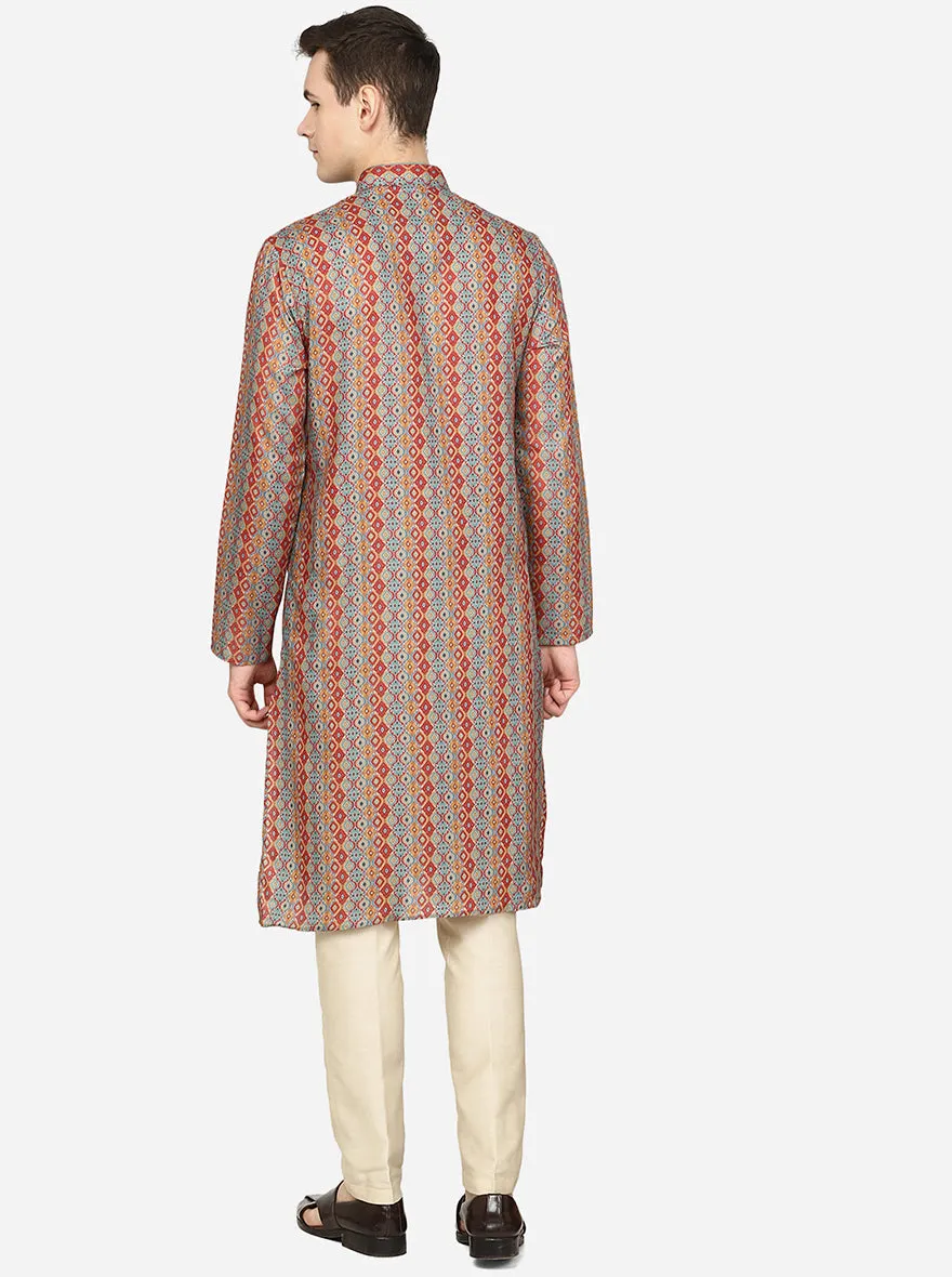 Red Printed Cotton Blend Kurta for Men