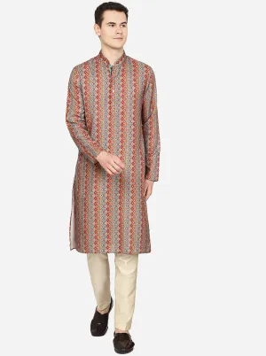 Red Printed Cotton Blend Kurta for Men