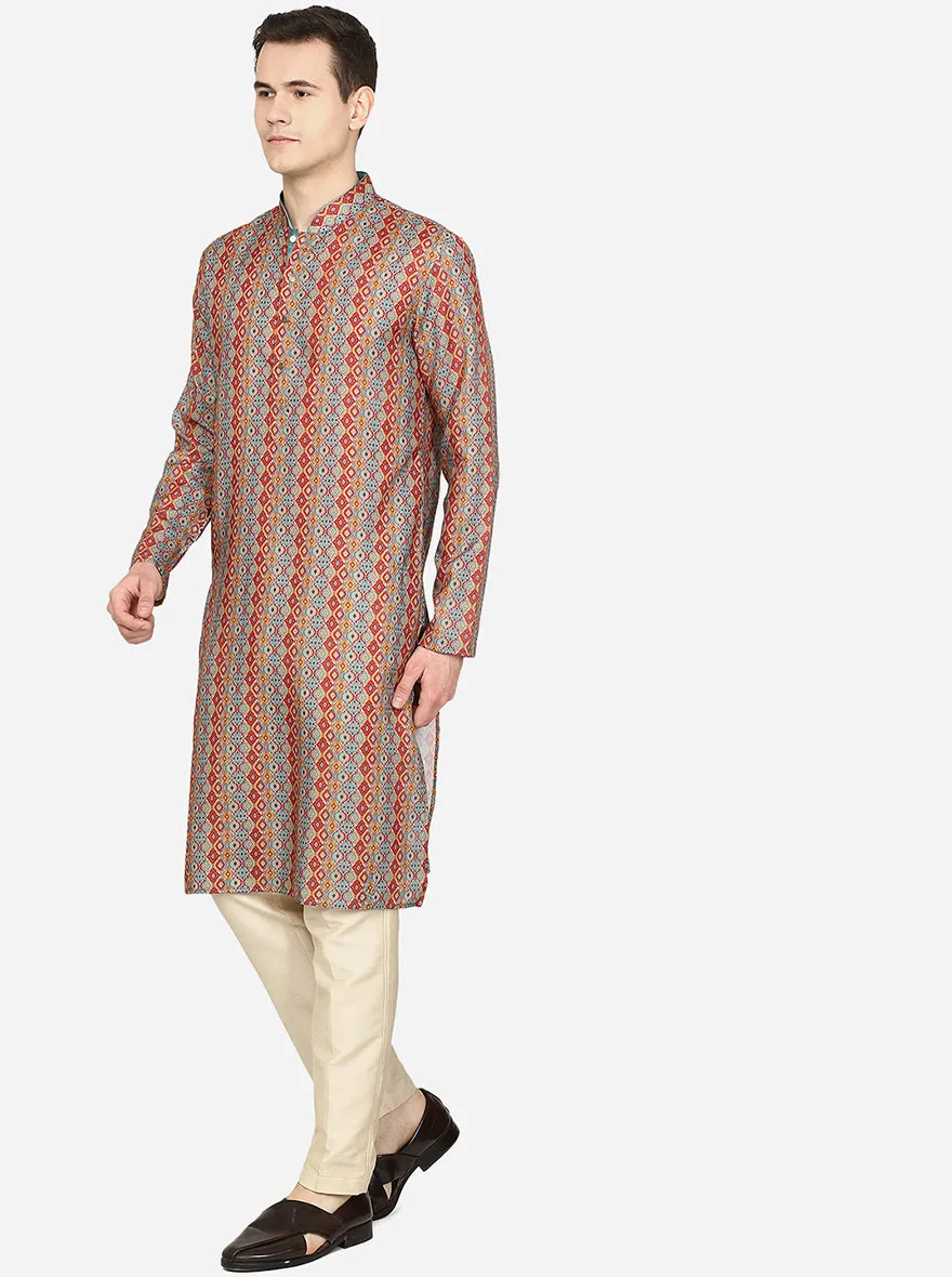 Red Printed Cotton Blend Kurta for Men