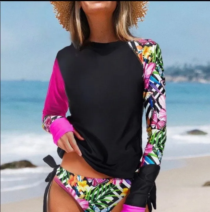 S - 2XL 2-pc surfsuit Mar-a-Lago Mariposa UPF rashguard top & bikini bottoms w side ties butterflies hibiscus pink black butterflies 2024