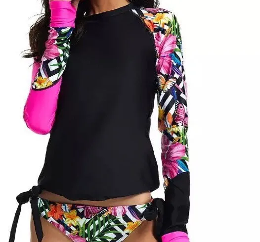 S - 2XL 2-pc surfsuit Mar-a-Lago Mariposa UPF rashguard top & bikini bottoms w side ties butterflies hibiscus pink black butterflies 2024