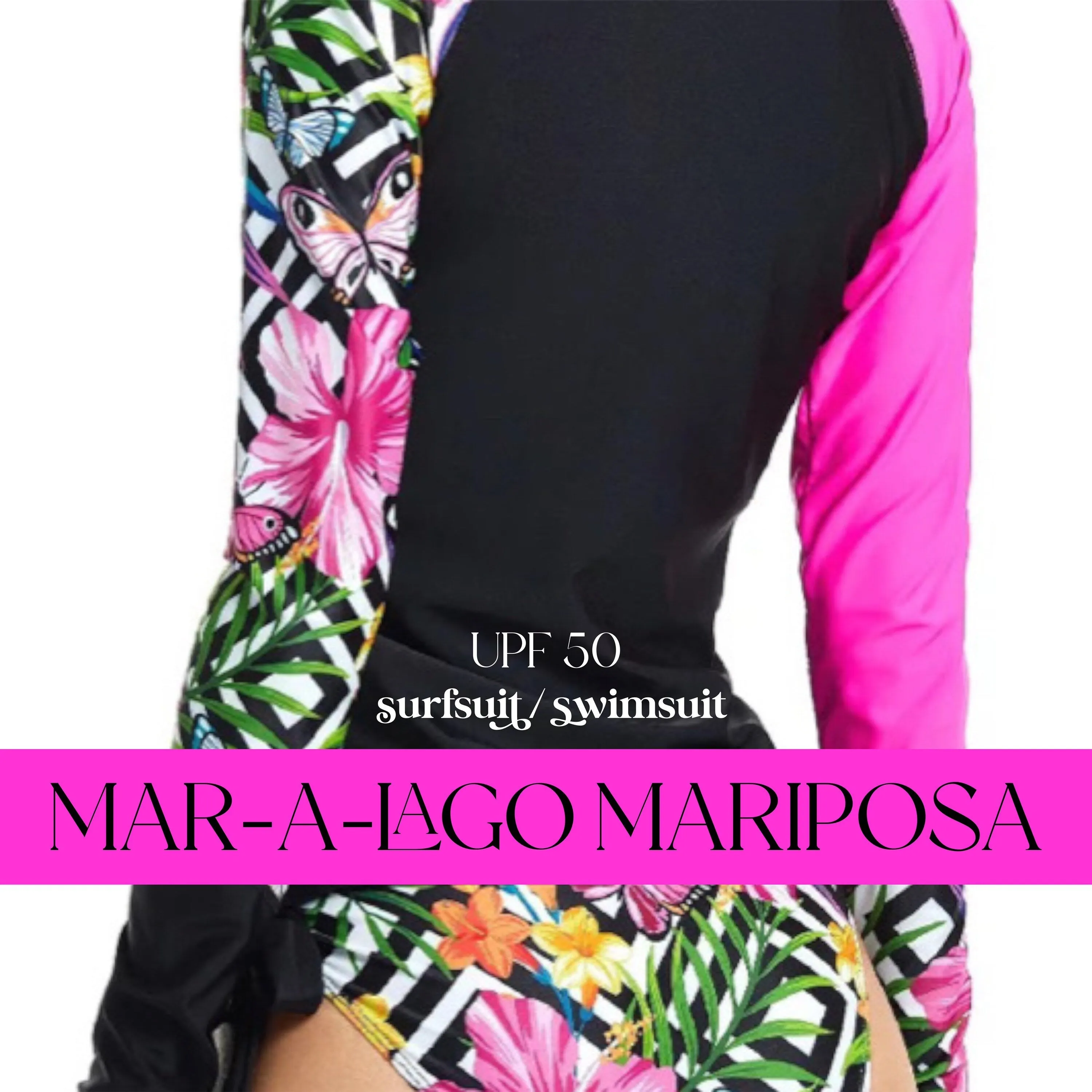 S - 2XL 2-pc surfsuit Mar-a-Lago Mariposa UPF rashguard top & bikini bottoms w side ties butterflies hibiscus pink black butterflies 2024