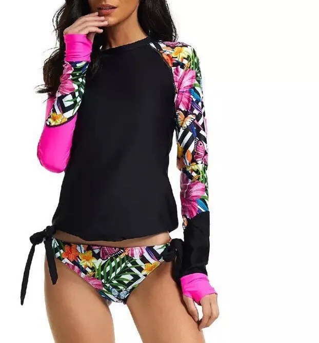 S - 2XL 2-pc surfsuit Mar-a-Lago Mariposa UPF rashguard top & bikini bottoms w side ties butterflies hibiscus pink black butterflies 2024