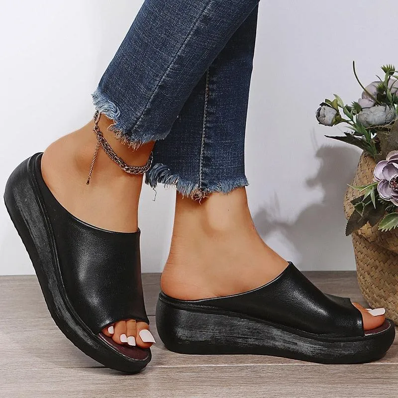 Slip-on Leather Wedge Sandals