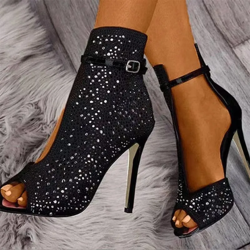 Sparkly Black High Heel Buckle Strap Rhinestone Sandals