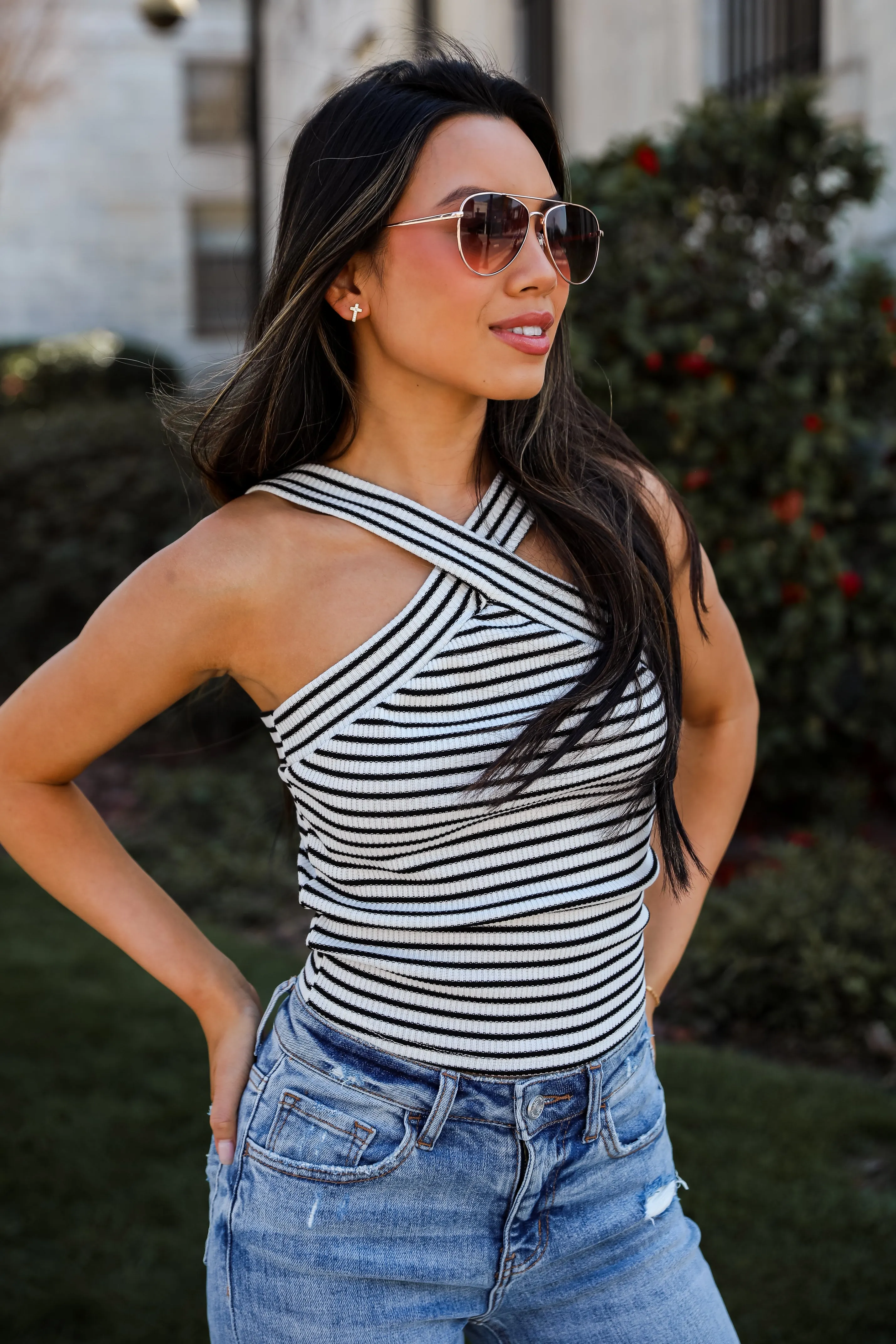 Stylish Inclination Cream Striped Crossover Tank