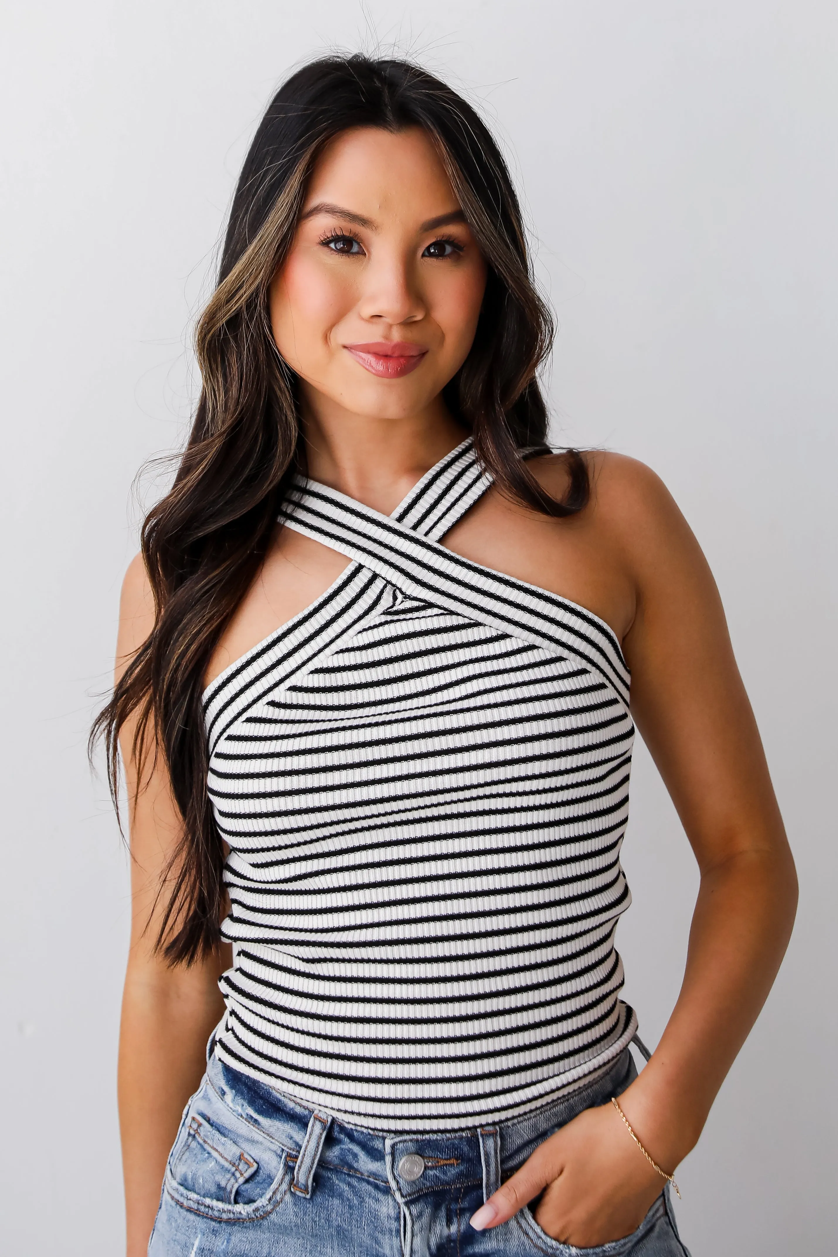 Stylish Inclination Cream Striped Crossover Tank