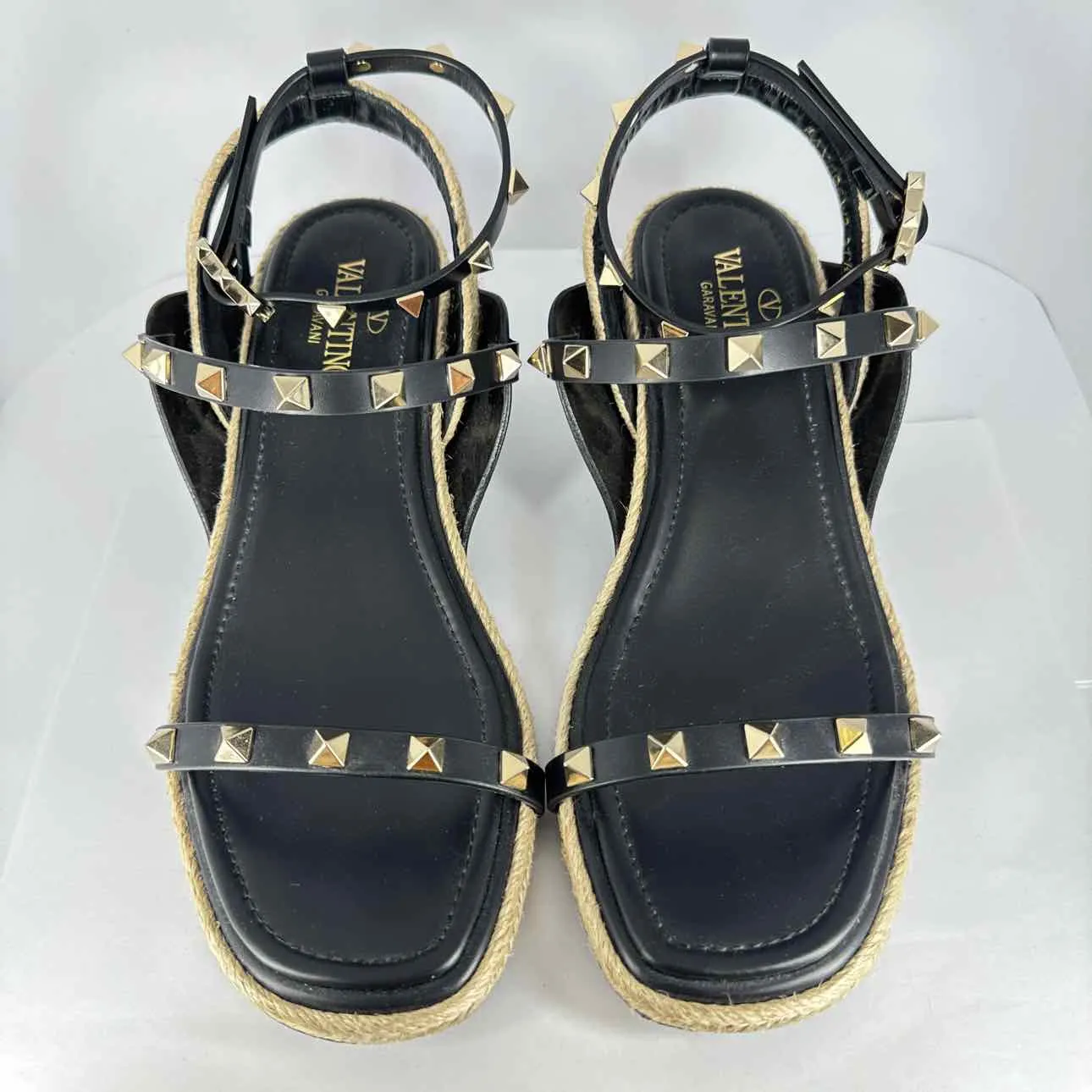 Stylish VALENTINO Black  Gold Studded Jute Heels - Size 7