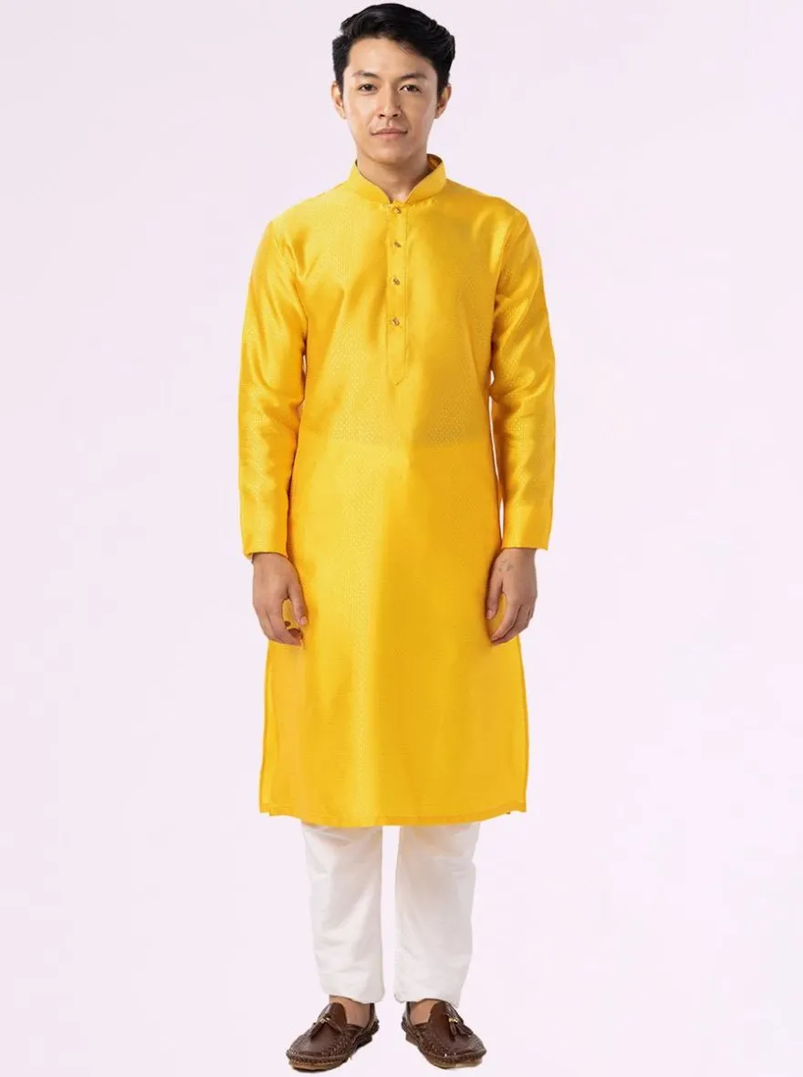 Sunflower Yellow Self Textured Cotton Blend Kurta for Men