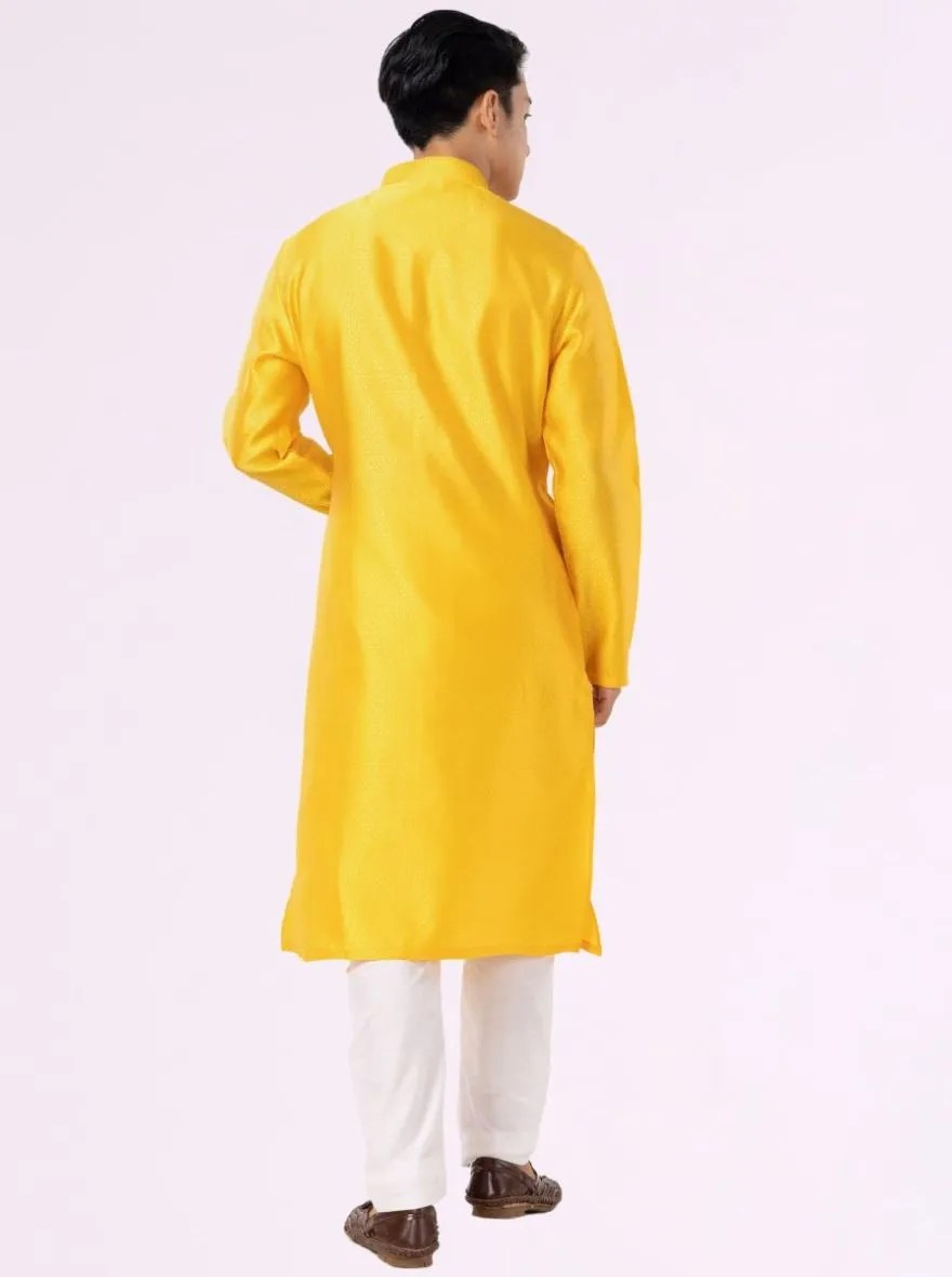 Sunflower Yellow Self Textured Cotton Blend Kurta for Men