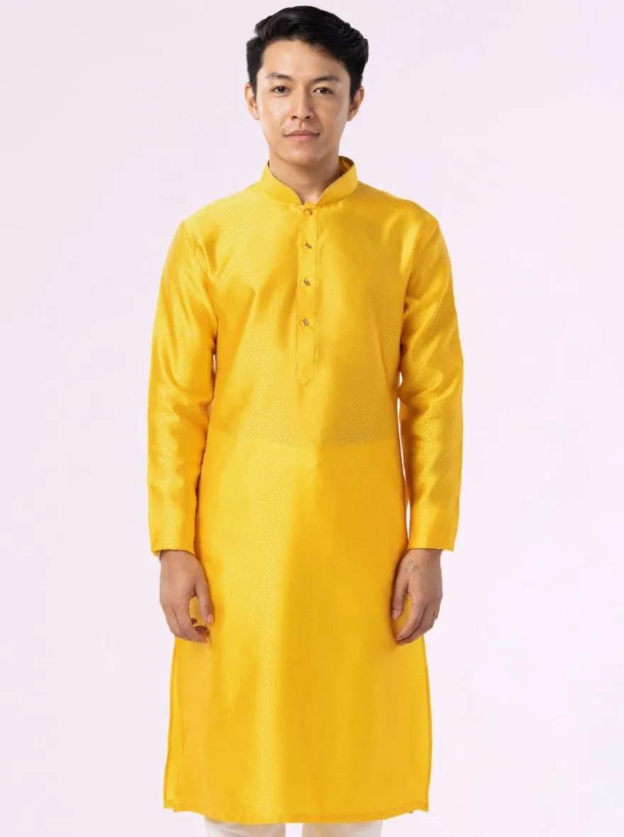 Sunflower Yellow Self Textured Cotton Blend Kurta for Men