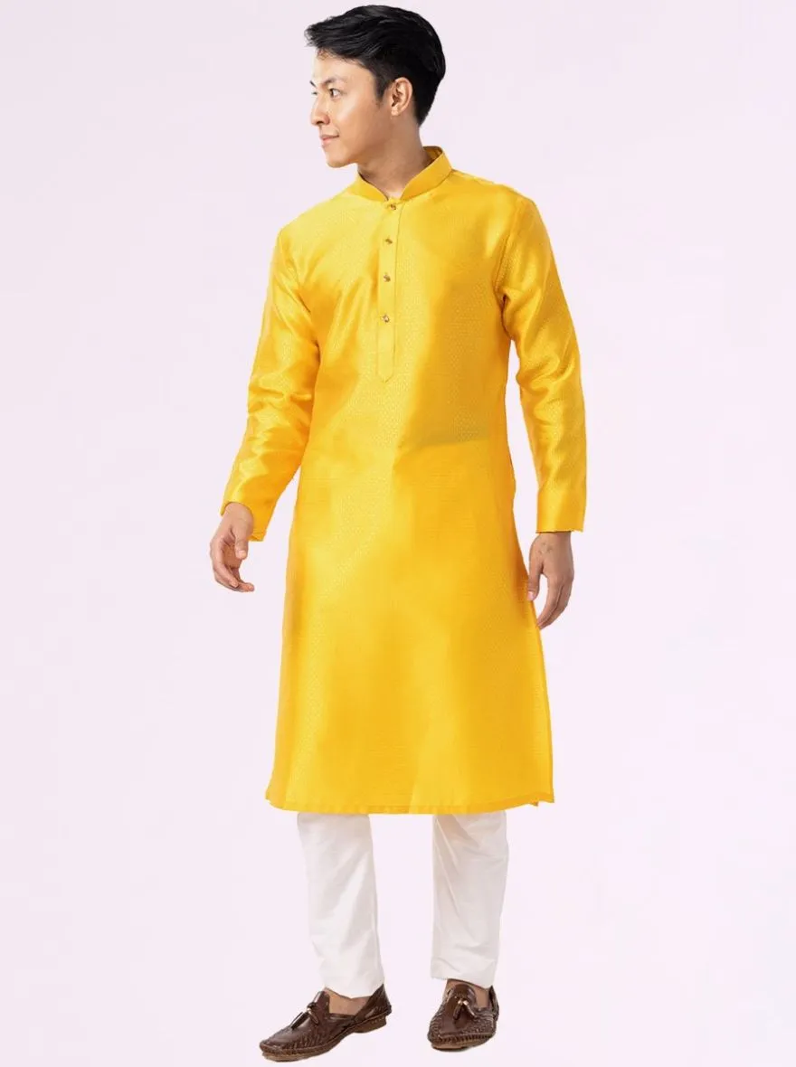 Sunflower Yellow Self Textured Cotton Blend Kurta for Men