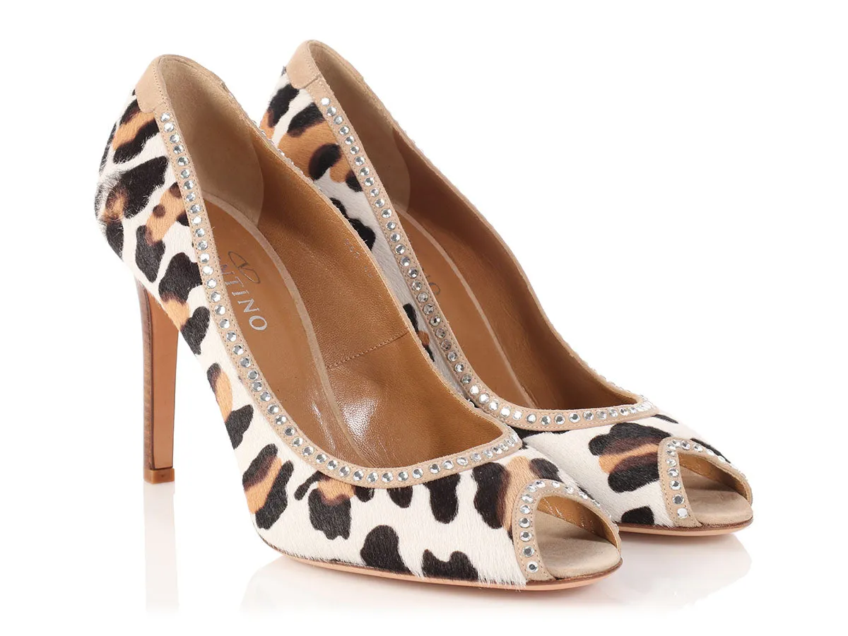 Valentino Leopard Print Pony Hair Peep Toe Pumps