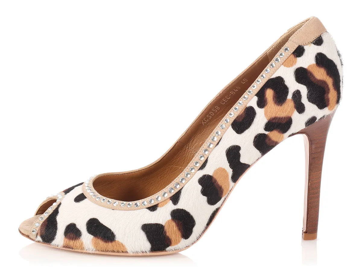 Valentino Leopard Print Pony Hair Peep Toe Pumps