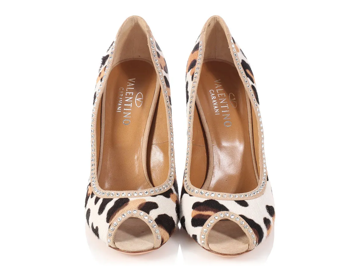 Valentino Leopard Print Pony Hair Peep Toe Pumps