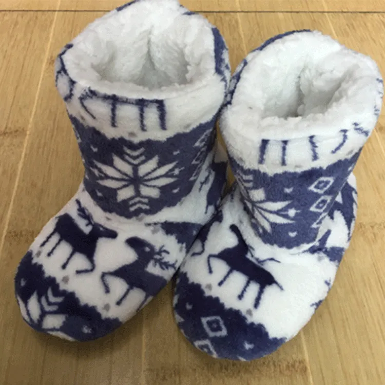 Winter Coral Fleece Indoor Yoga Lining Faux Fur Warm Home Christmas Deer Print Women Slippers