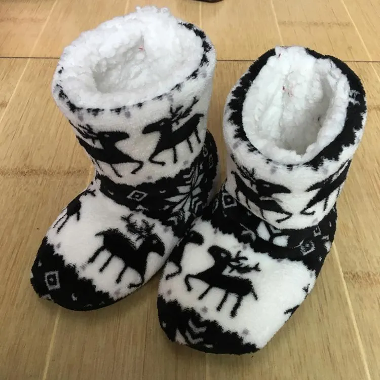 Winter Coral Fleece Indoor Yoga Lining Faux Fur Warm Home Christmas Deer Print Women Slippers