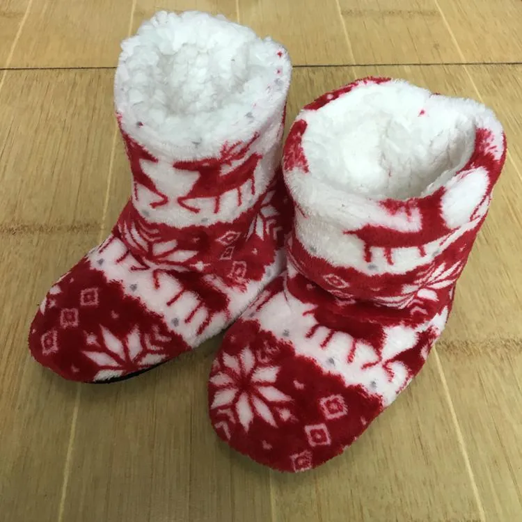 Winter Coral Fleece Indoor Yoga Lining Faux Fur Warm Home Christmas Deer Print Women Slippers