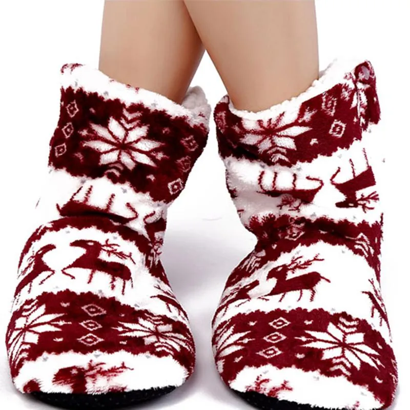 Winter Coral Fleece Indoor Yoga Lining Faux Fur Warm Home Christmas Deer Print Women Slippers