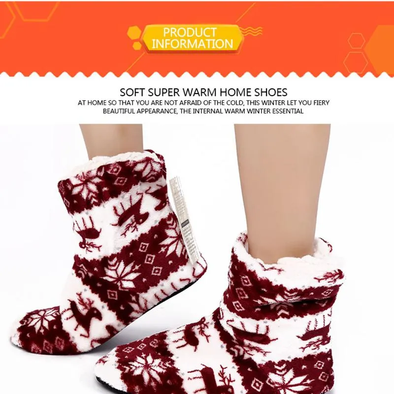 Winter Coral Fleece Indoor Yoga Lining Faux Fur Warm Home Christmas Deer Print Women Slippers