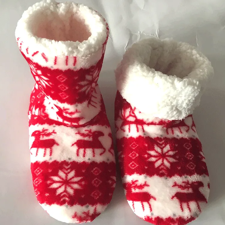 Winter Coral Fleece Indoor Yoga Lining Faux Fur Warm Home Christmas Deer Print Women Slippers