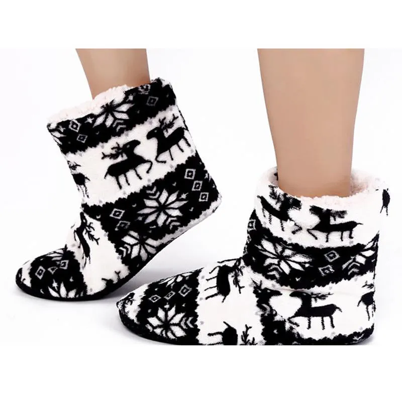 Winter Coral Fleece Indoor Yoga Lining Faux Fur Warm Home Christmas Deer Print Women Slippers