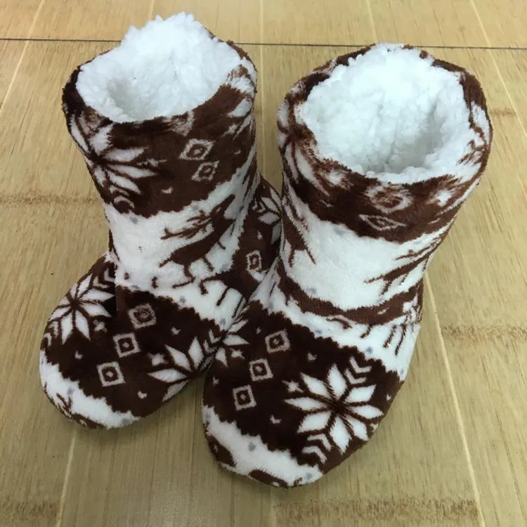 Winter Coral Fleece Indoor Yoga Lining Faux Fur Warm Home Christmas Deer Print Women Slippers