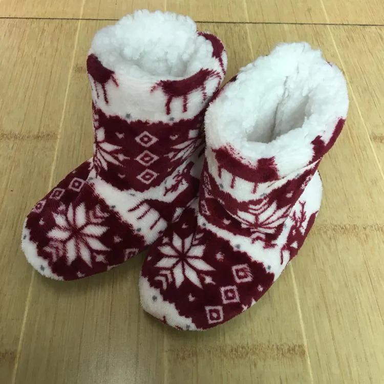 Winter Coral Fleece Indoor Yoga Lining Faux Fur Warm Home Christmas Deer Print Women Slippers