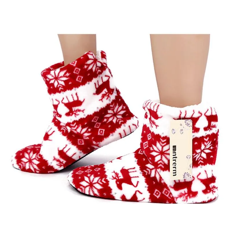 Winter Coral Fleece Indoor Yoga Lining Faux Fur Warm Home Christmas Deer Print Women Slippers