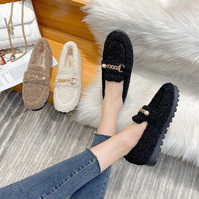 Women Faux-Fur Loafers Warm Winter Flat Pearl Decoration Shoes