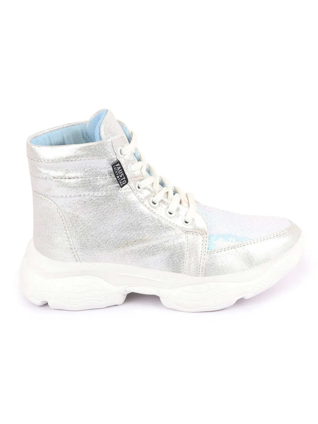 Women Silver High Ankle Lace Up Embellished Sneakers