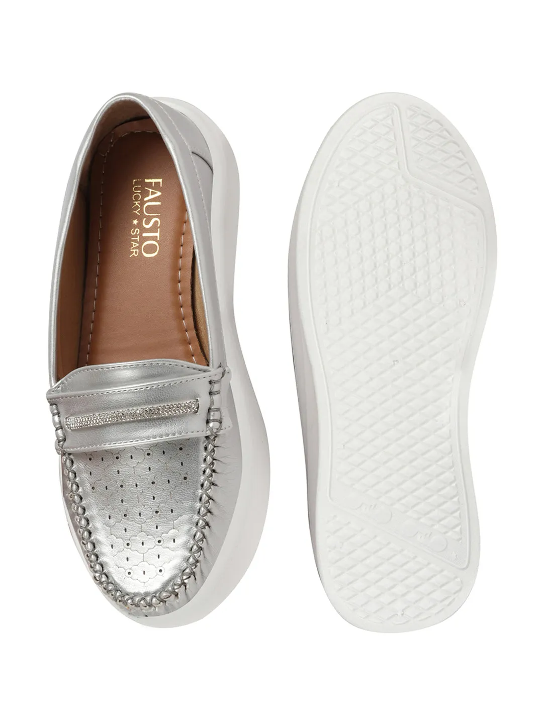 Women Silver Perforated Laser Cut Stitched Height Enhancer Slip On Loafer|Work|Classic|Slip On Shoes|Office Wear