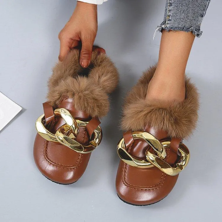 Women winter closed toe fuzzy warm slippers flat indoors shoes