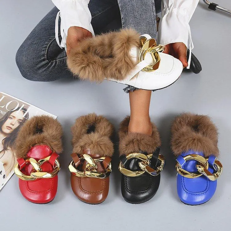 Women winter closed toe fuzzy warm slippers flat indoors shoes