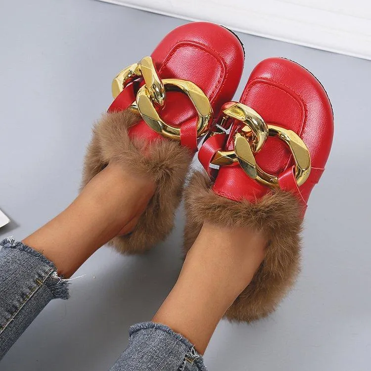 Women winter closed toe fuzzy warm slippers flat indoors shoes