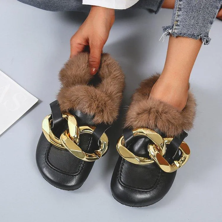 Women winter closed toe fuzzy warm slippers flat indoors shoes