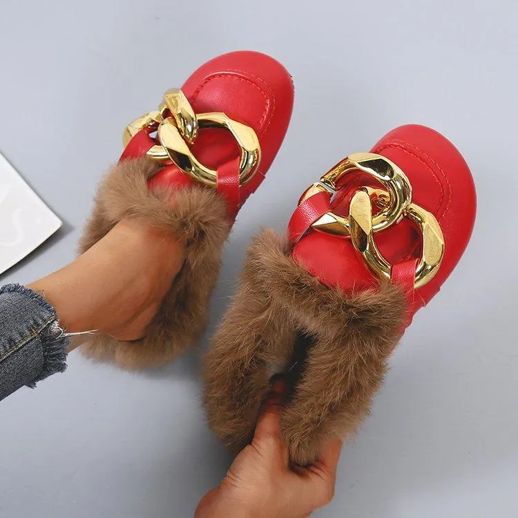 Women winter closed toe fuzzy warm slippers flat indoors shoes