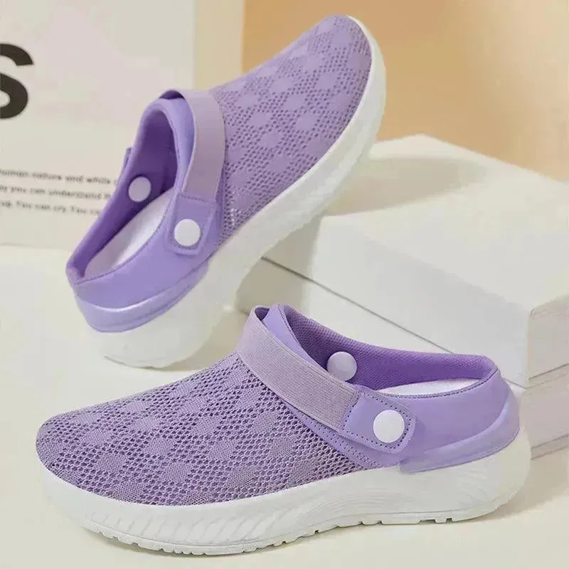 Women's Mesh Sandals Summer Breathable Lazy Slippers One-step Round Toe Half-slip  Beach Slippers .