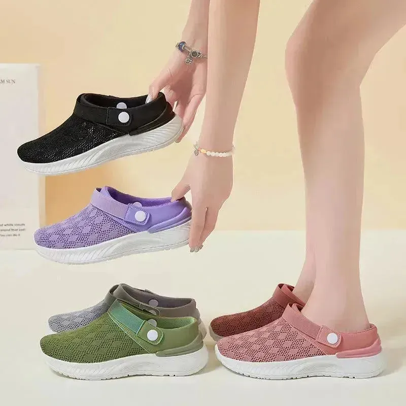 Women's Mesh Sandals Summer Breathable Lazy Slippers One-step Round Toe Half-slip  Beach Slippers .