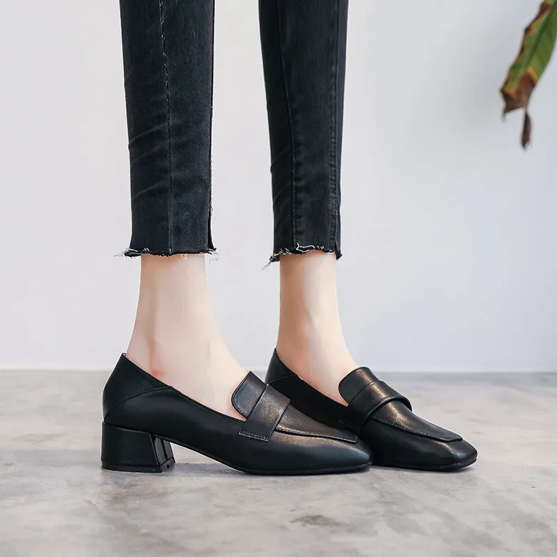 Womens's Square Toe Chunky Heel Loafers